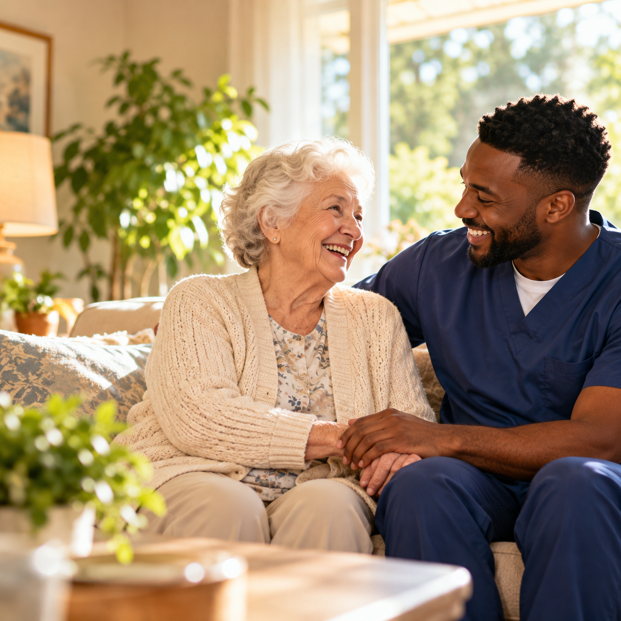 Caregiver and older adult smiling together